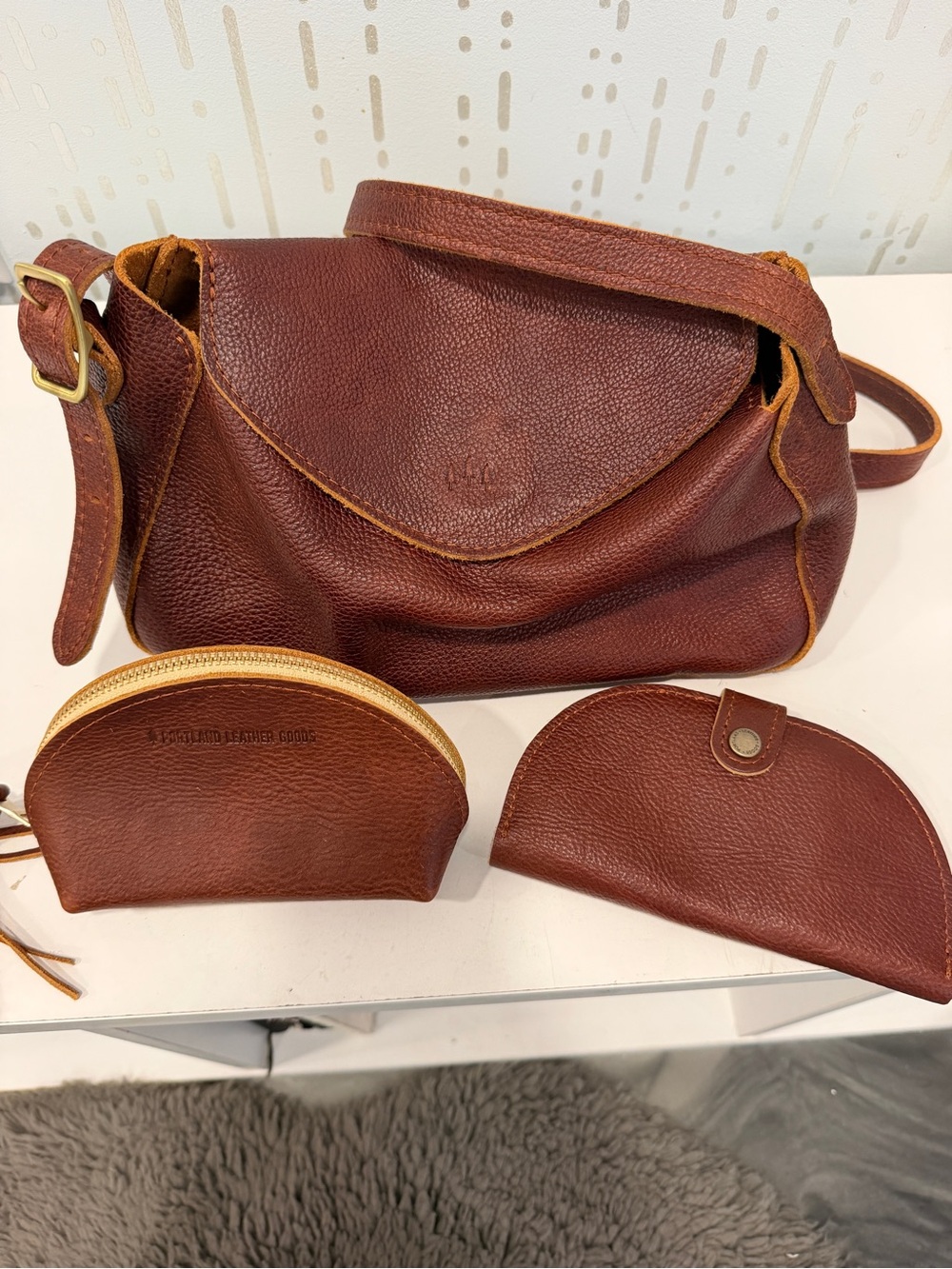 Portland Leather Brown Pebble Leather Shoulder Bag with Two Matching Pouches